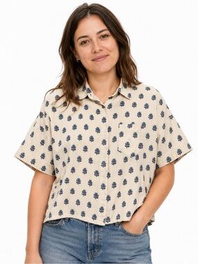 Madewell Floral Block Print Cotton Shirt XS Fall 2015 Boxy High Low